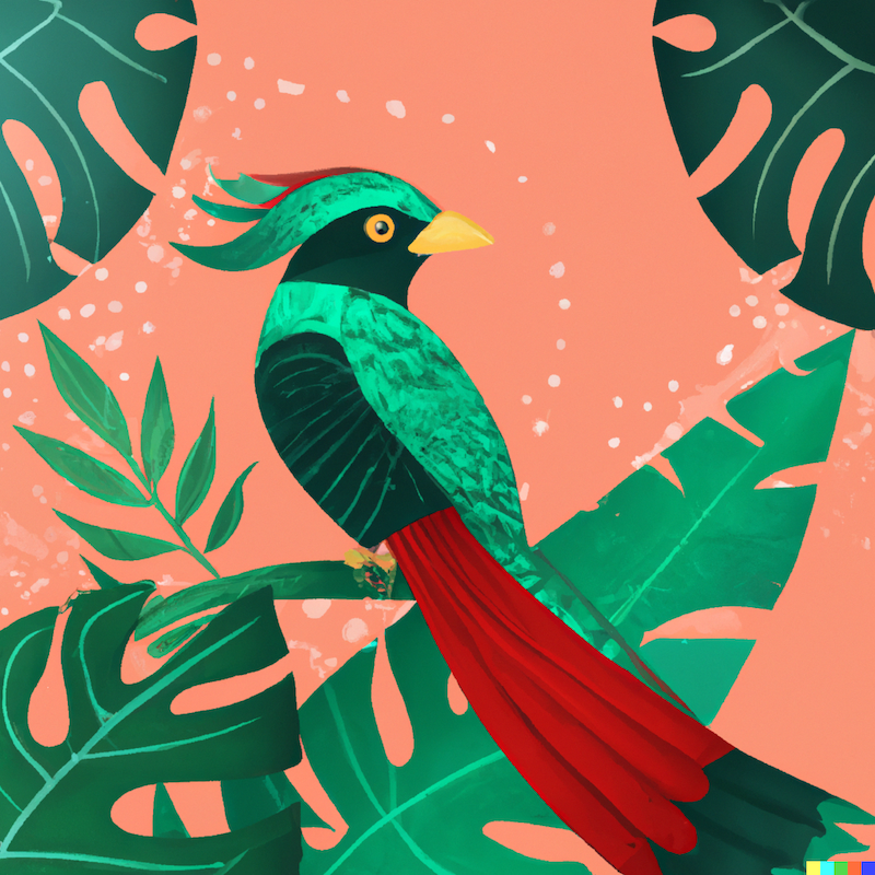 resplendent quetzal bird in the rainforest with tropical leaves, in an art deco style, with greens, reds and warm pastels