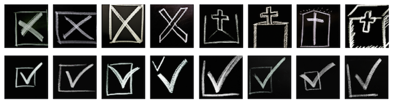 Examples of chalk drawings generated by DALL·E, showing checkmarks, crosses and Xs