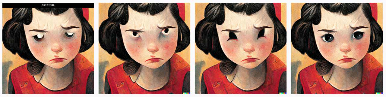 A screenshot of DALL·E showing 4 images of Millie with different eyes, three look demonic, one looks sad