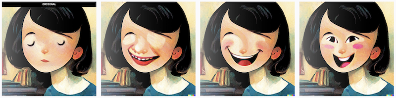 A screenshot of DALL·E showing 4 images of Millie with scary faces, some missing eyes